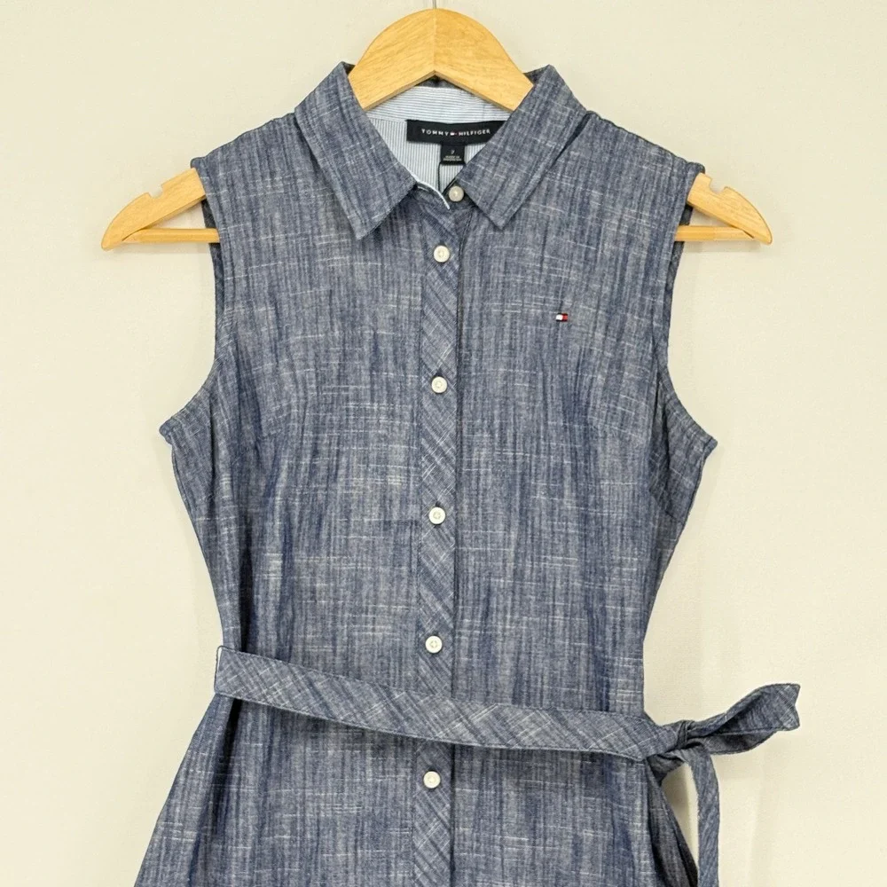Tommy Hilfiger Shirt Dress Women 2 Blue Sleeveless Belted Preppy Coastal NEW